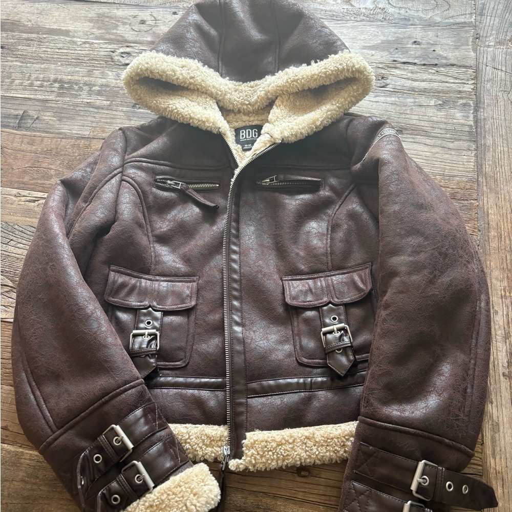 BDG Brown Faux Leather Bomber Jacket with Cream Accents